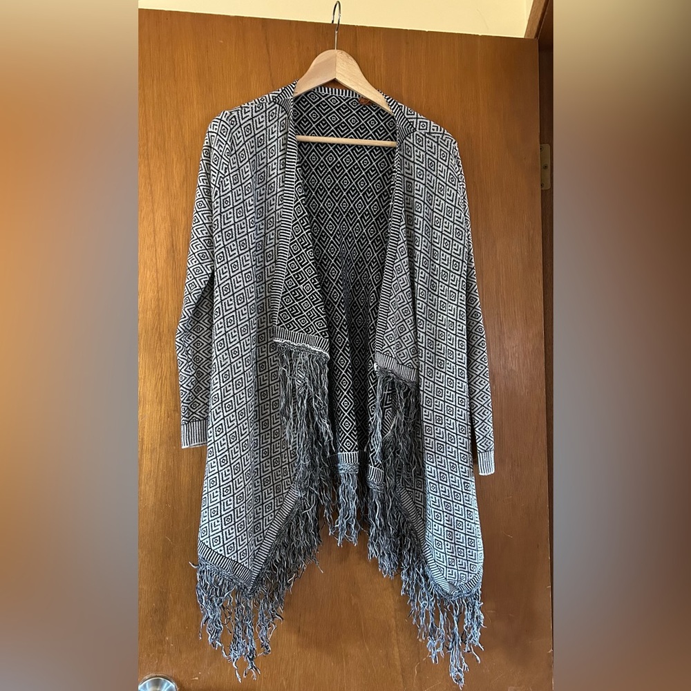 Belldini Black and White Fringe Cardigan